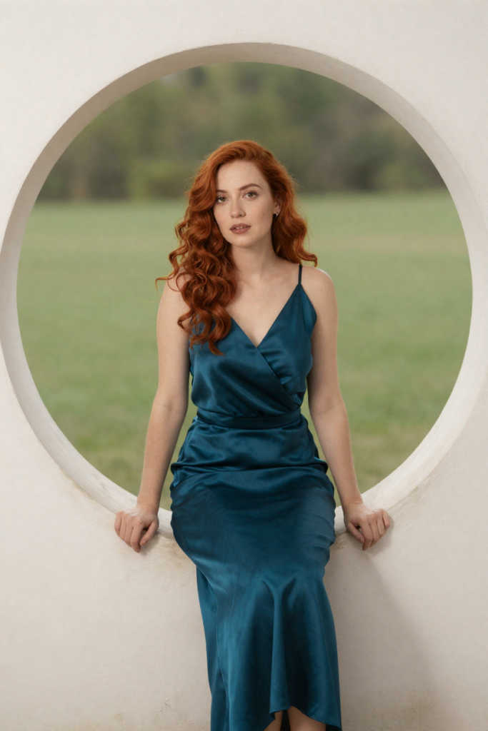 ChinaPortal muse in a deep-teal silk dress seated in the moon gate